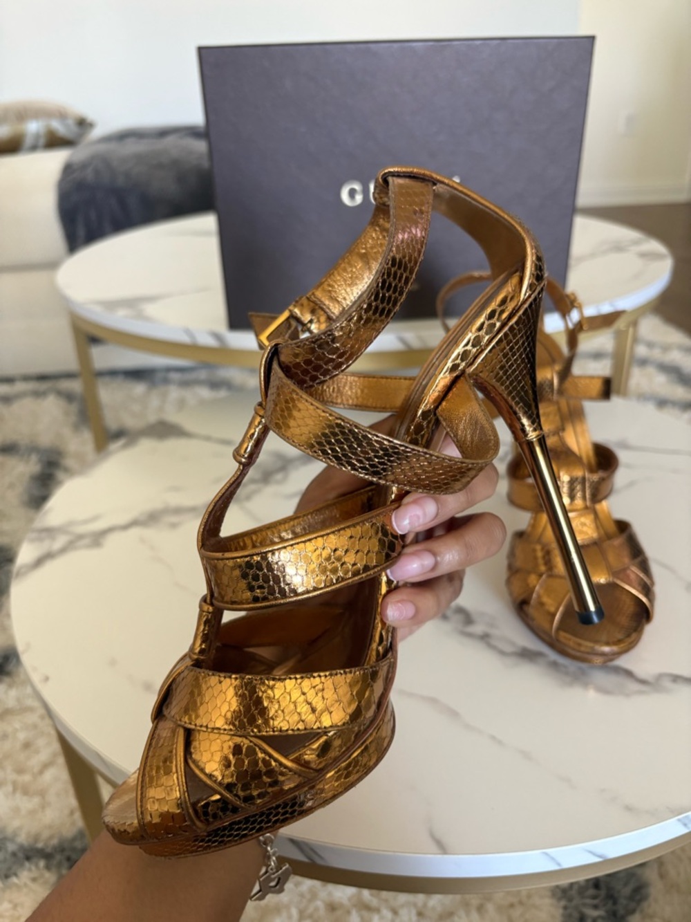 Gucci Gold Woven Snake-Embossed High Heels WITH BOX - Picture 10 of 12